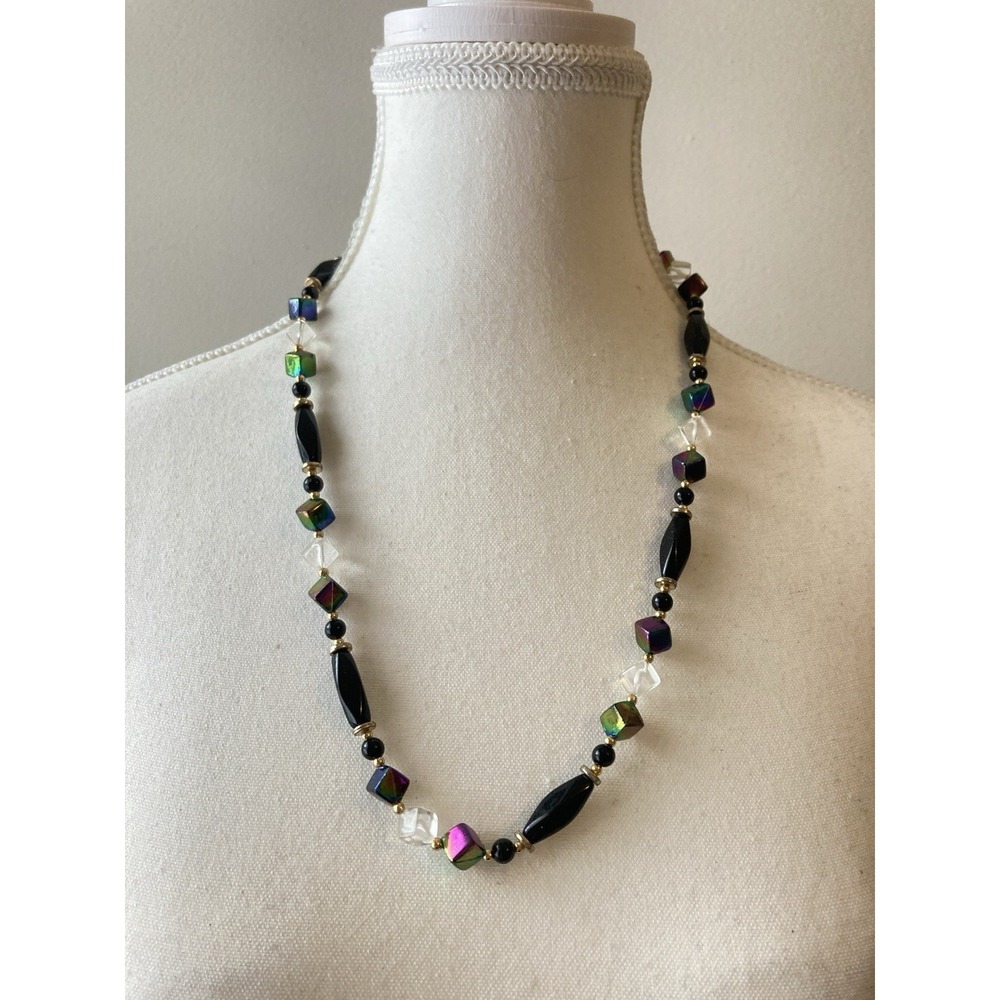 Vintage Black Beaded Necklace‎ Aurora Borealis Cube Clear Faceted Statement
